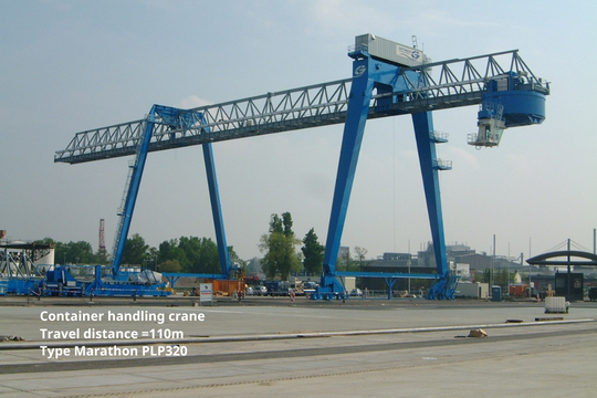 Container handling crane with 110 travel distance