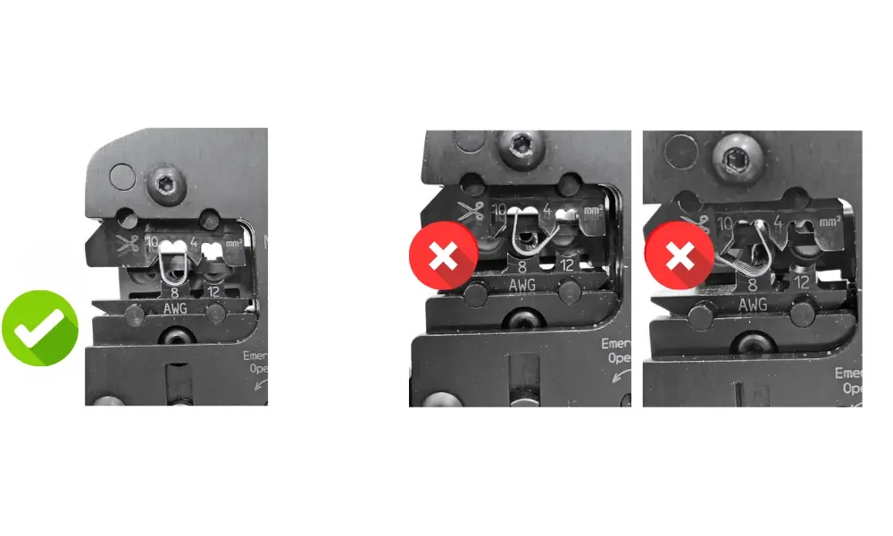 Khi bấm đầu cos vào đầu cáp, cần căn chỉnh đầu cos ngay ngắn vào vị trí bấm của kìm