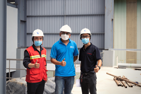 From left to right: Mr. Nguyen Dang Khoi, a mechanical engineer of Southeast Asia M and E Engineer Co., Ltd, who was the design consultant for the project; Mr. Samarth Solanki, M&E Expert of ESTEC company; Mr. Duong Manh Ha, Sales Engineer of HELUKABEL Vietnam.