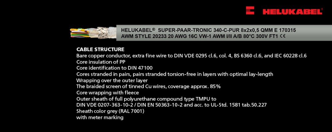 Cáp tín hiệu SUPER-PAAR-TRONIC 340-C-PUR được bện theo từng cặp, được trang bị hệ thống sàng lọc nhiễu rất tốt, có thể được sử dụng khi tiếng ồn tần số cao bên ngoài ảnh hưởng đến quá trình truyền dẫn điện.